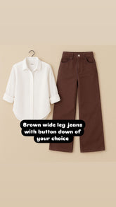 White button down with brown wide leg jeans